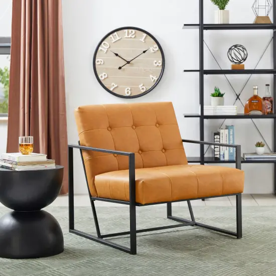 30.5"H Mid-Century Modern Leatherette Button-tufted Accent Arm Chair with Black Metal Frame Camel {11}