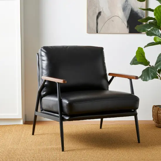 28"W Mid-century Modern Soft PU Leather Accent Armchair Set of 2-Black {9}