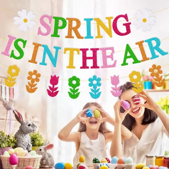 Spring is in The Air Banner Hello Spring Party Decorations Tulips Flowers Garland Welcome Spring Happy Easter Festival Colorful Glitter Party Supplies {5}