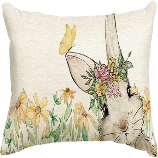 Easter Bunny Throw Pillow Cover &ndash; 12x20" Spring Rabbit Cushion Case Yellow {1}
