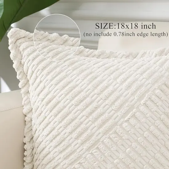 Decorative Cream White Throw Pillow Covers 18x18 Set of 2 with Splicing, Boho Soft Corduroy Broadside Twill Spring Pillow Covers for Couch Bed Sofa Living Room {2}