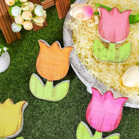 4Pcs Spring Tulips Wood Signs Rustic Farmhouse Tulip Flowers Table Decoration {4}