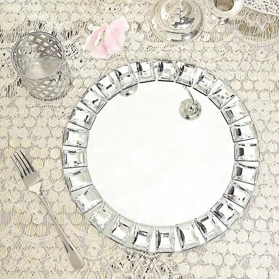 2 Silver 13-Inch Round Glass Diamond Rimmed Charger Plates Dinner Party Supplies {3}