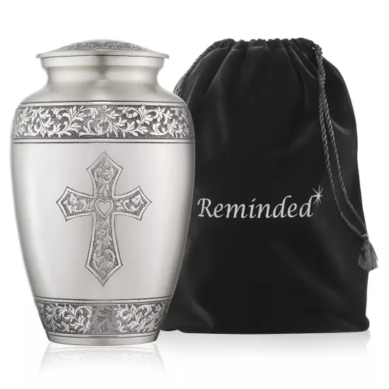 Adult Cremation Funeral Urn for Human Ashes, Pewter Etched Cross with Velvet Bag {1}