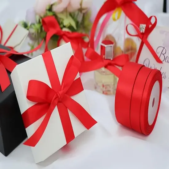 Red Satin Ribbon Double Faced Ribbon 3 Rolls (1/4 Inch, 5/8 Inch, 1 Inch), Fabric Ribbon Use for Gift Wrapping, Wedding Party Decoration, Hair Bows, DIY Crafts, Total 30 Yards {4}