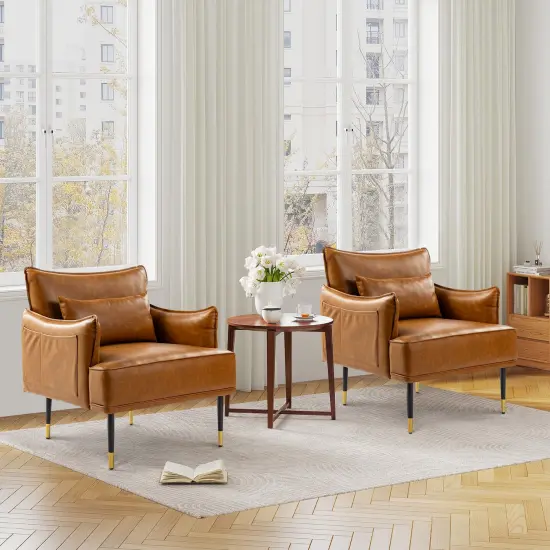 29.5"W Mid-Century Modern Leatherette Armchair With Side Pocket Set of 2-Camel {7}