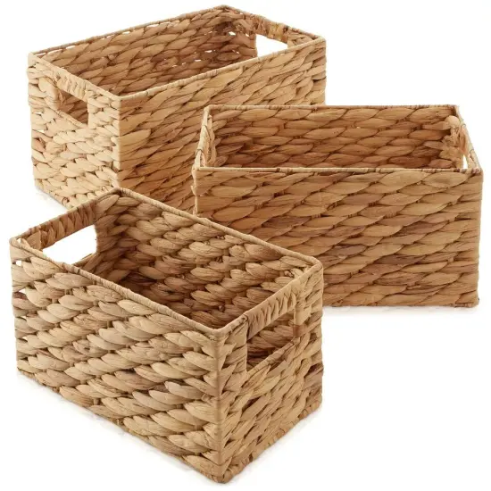 Set of 3 Storage Baskets w Handles, Woven Hyacinth Wicker Nesting Bin Organizers {3}