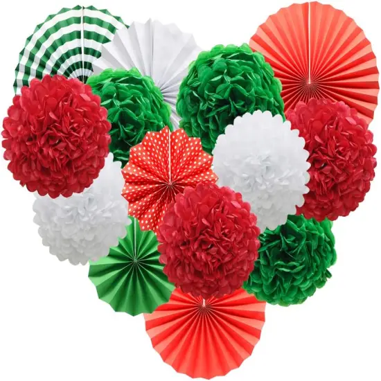 Red White Green Hanging Paper Party Decorations, Round Paper Fans Set Paper Pom Poms Flowers for Christmas Birthday Wedding Graduation Baby Shower {1}