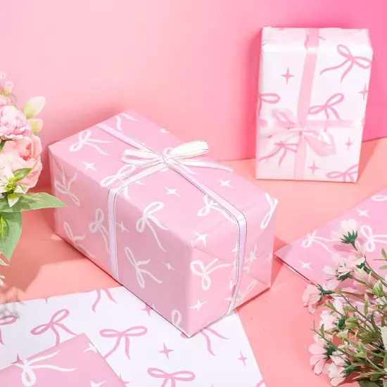 8 Sheets Pink Bow Wrapping Paper - Not Roll - Pink White Coquette Bowknot Gift Wrap Paper Folded Flat for DIY Crafts Birthday Baby Shower Bachelorette, 19.7 x 27.6 Inch {3}
