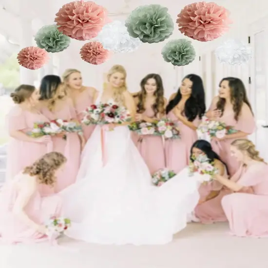 Sage Green Dusty Pink Boho Tissue Pom Poms Pastel Paper Flowers Backdrop for Baby Shower Wedding Bridal Shower Birthday Nursery Wall Hanging D&eacute;cor, Large 12" &10" Pom Pom Decorations {4}
