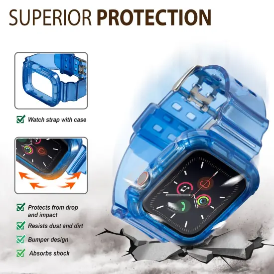 Insten Crystal Clear Watch Band with Rugged Bumper Case For Apple Watch 44mm 42mm Series SE 6 5 4 3 2 1, Replacement Soft TPU Transparent Strap, Clear Blue {2}