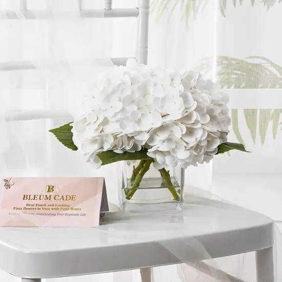 Luxury PU Fake Flowers in Vase with Faux Water, White Real Touch Hydrangea Artificial Flowers with Glass Vase {3}