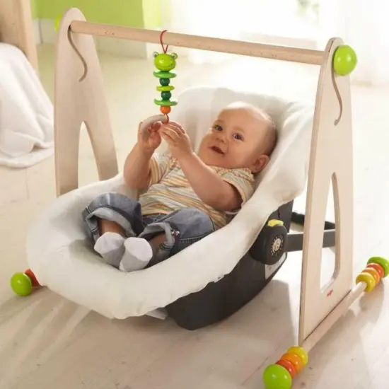 HABA Color Fun Play Gym - Wooden Activity Center with Adjustable Height, Sliding Discs and Dangling Frog Multicolor {6}