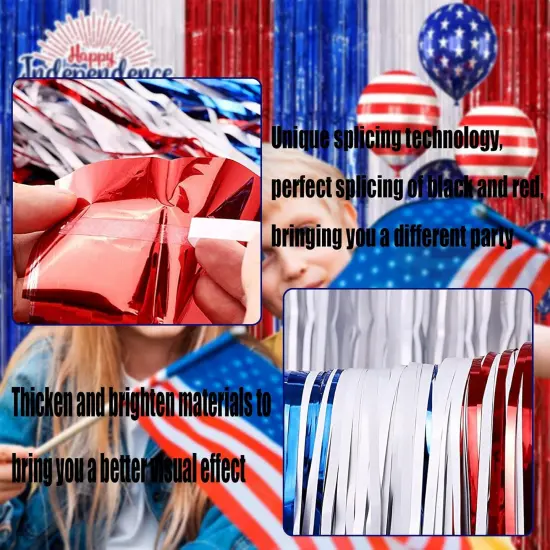 4 Pack Red Blue White Foil Fringe Curtain Backdrop, 3.28Ft x 8.2Ft Metallic Tinsel Foil Fringe Streamers Curtains for Photo Booth, Wedding, Mardi Gras, Birthday, Independence Day Party Decoration {3}