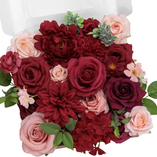 Burgundy Artificial Flowers Combo Box Set, Silk Dahlia Fake Roses with Stems {1}