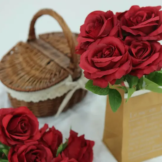 12 Pack Fake Wine Red Roses Artificial Flowers with Stems Silk Burgundy Rose Bouquet {3}