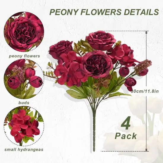 4 Packs Peonies Artificial Flowers Bouquet - Red {5}