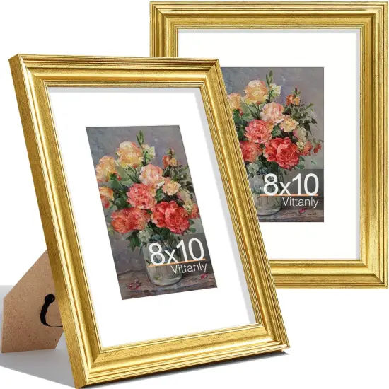 8x10 Picture Frames Set of 2, Ornate Vintage Photo Frame for Wall or Tabletop, Display 5x7 Pictures with Mat or 8x10 without Mat, Rustic Gold {1}