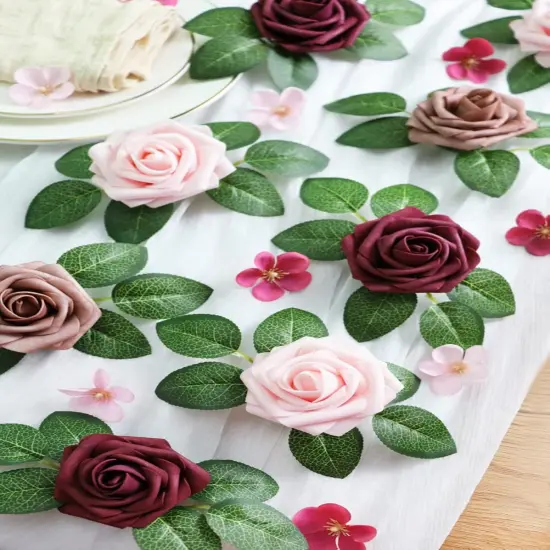 Artificial Flowers 25PCS Real Looking Blush & Dusty Rose & Burgundy Fake Roses {2}