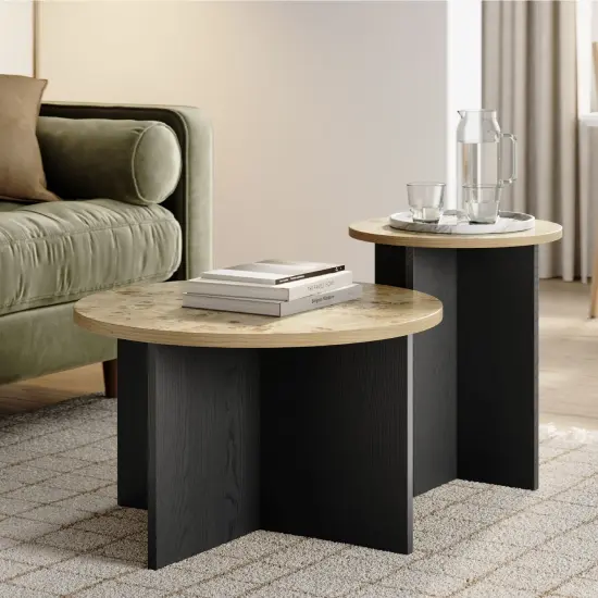 Stead Round Nesting Coffee Tables, 2 Piece Modern Home Decor, Solid Wood Base and Wood Burl Top (Blackened & Burl) {1}