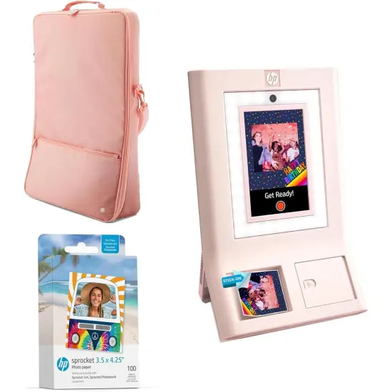 HP Sprocket Photobooth 3x4 Photo Printer Bundle with Zink Paper (100 Sheets) & Carrying Case Pink {1}