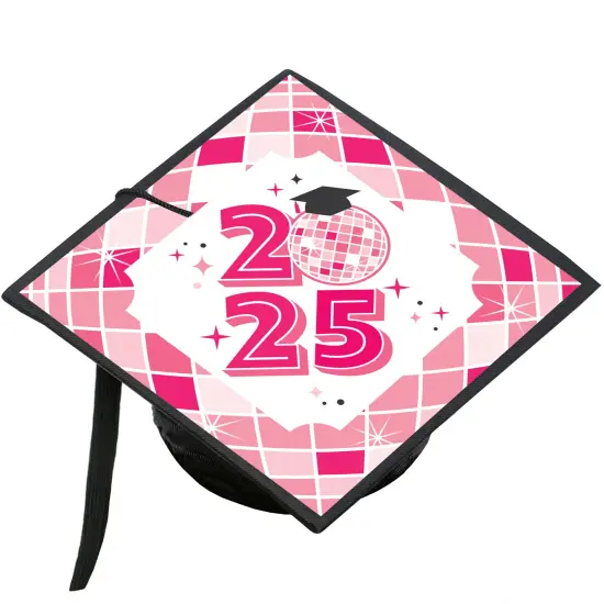 Big Dot of Happiness Pink Disco Ball - 2025 Graduation Cap Decorations Kit - Grad Cap Cover {1}