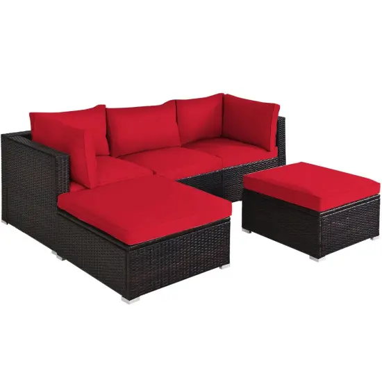 5 Pieces Patio Sectional Rattan Furniture Set with Ottoman Table Red {10}