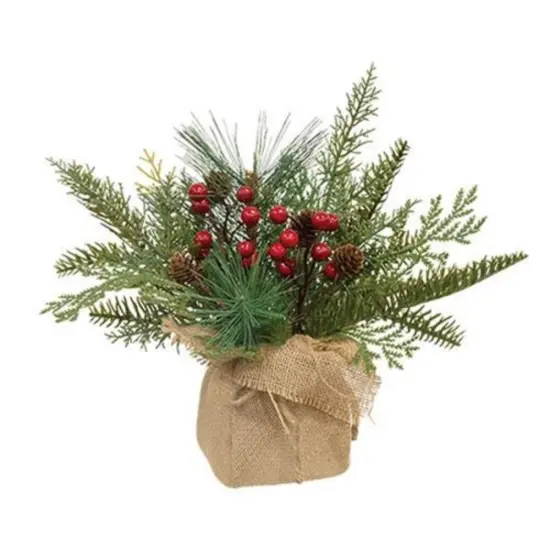 Mixed Greenery Christmas Arrangement with Wrapped in Burlap Fabric and Jute String {1}