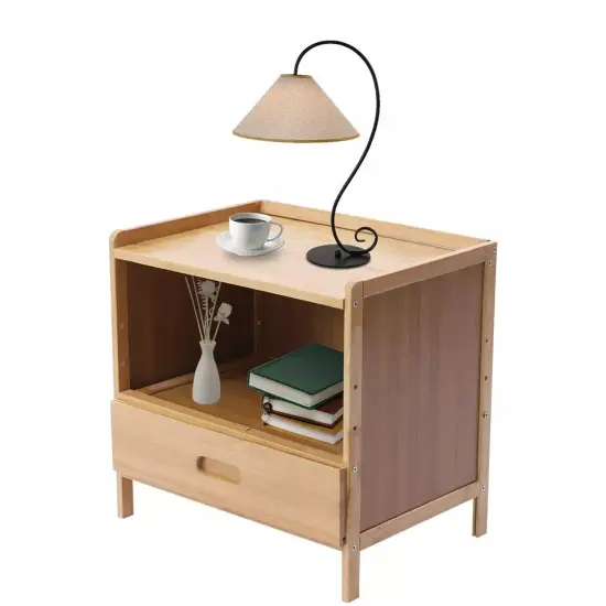 Bamboo Nightstand End Table With Drawer Storage Cabinet For Indoor Bedroom Home {1}