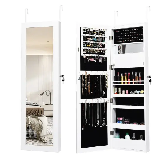 Lockable Wall Door Mounted Mirror Jewelry Cabinet with LED Lights Black {9}