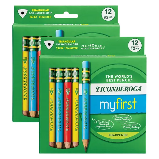 My First&reg; Short Wooden Pencils, Large Triangle Barrel, Sharpened, #2 HB Soft, With Eraser, Primary Colors, 12 Per Pack, 2 Packs {1}