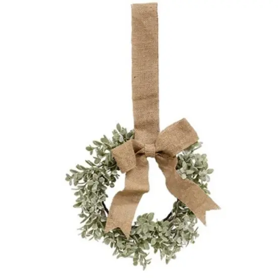 Flocked Boxwood Wreath With Burlap Bow {1}
