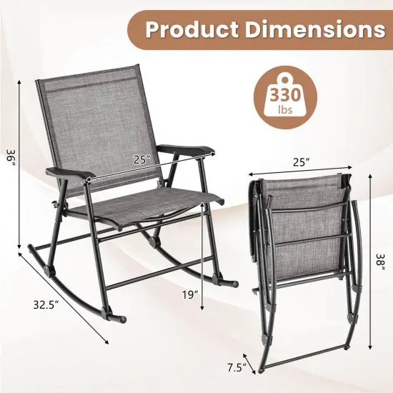 Costway 2 PCS Patio Folding Rocking Chair Heavy-Duty Metal Frame Rockers Outdoor Black/Gray/Brown {3}