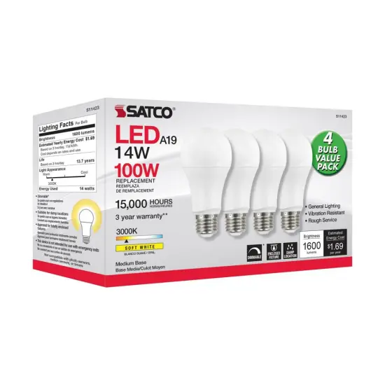 4Pk - Satco 14w 120v A19 LED E26 Base 1600L 3000k Soft White - 100W Equiv {2}