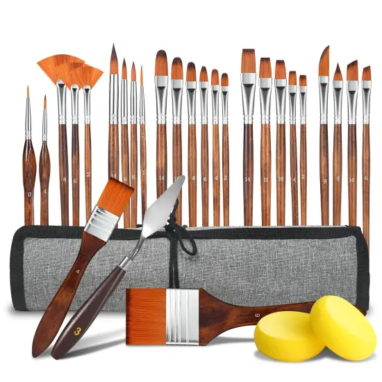 29 pcs Paint Brush Set,GETHPEN Acrylic Paint Brushes,Artist Series with Wide Flat,Round, Filbert, Flat, Fan,Angle,Dagger,Cat Tongue,Detail Brush,Rigger for Oil, {1}