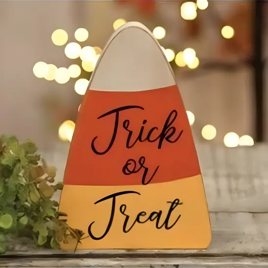 Wooden Candy Corn Trick or Treat Sitter with Bold Black Text {2}
