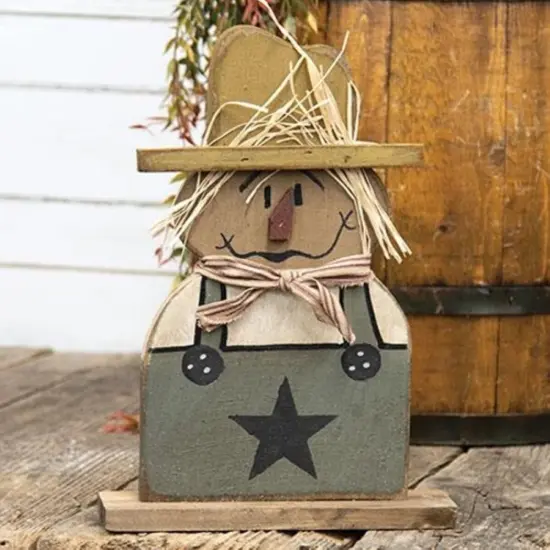 Rustic Wood Scarecrow with Green Overalls and Mustard Hat for Fall Decor {2}