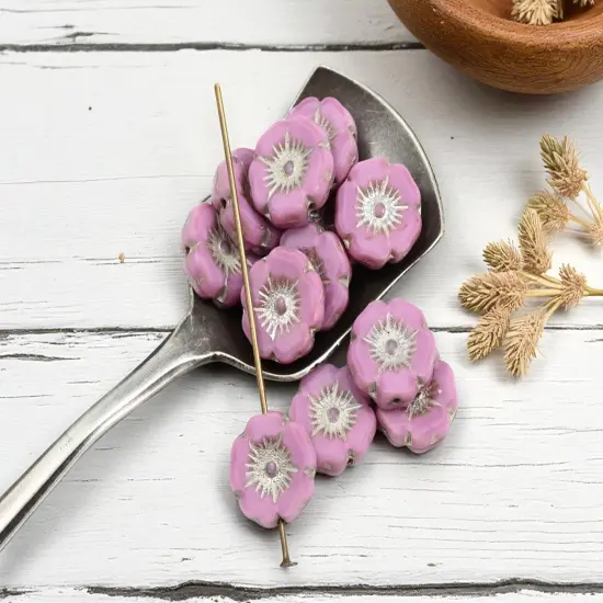 *12* 12mm Platinum Washed Opaque Pink Silk Hawaiian Flower Beads {2}