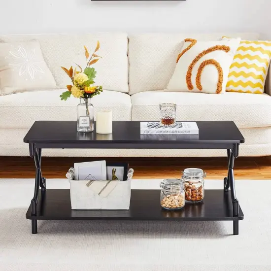 39-Inch Modern Rectangular Coffee Table with Metal Frame and Storage Shelf for Living Room Black {3}