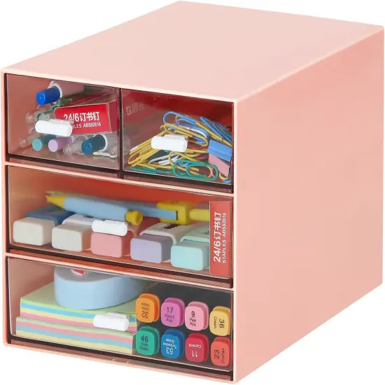Desk Organizer with 4 Drawers, Clear Plastic Desk Storage Box, Desktop Organization for Office Supplies, Gel Pens, Pencils, Markers, Tape, Erasers, Paperclips, Chargers (Pink w 4Draws) {1}