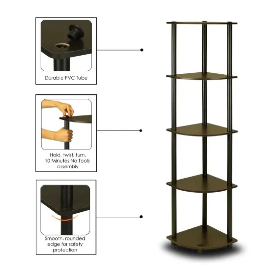 Espresso Black Space-Saving 5-Tier Corner Bookcase with Open Back for Home or Office Use {4}
