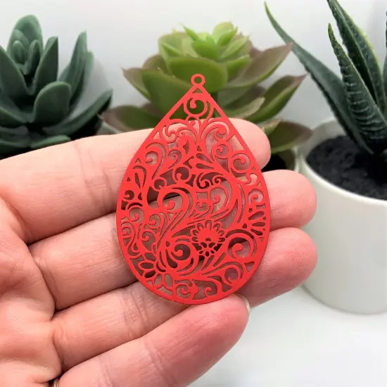 Large Red Filigree Teardrop Pendants, 55x34mm {2}