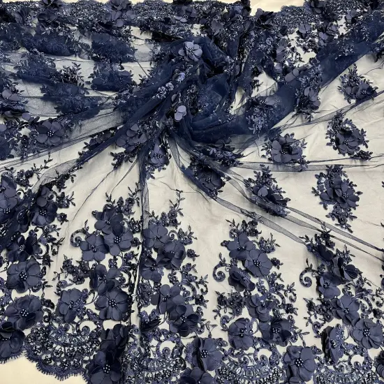 1 Yard Navy Beaded 3D Floral Embroidered Lace Fabric on 100% Polyester Mesh, 54" Width Silver {4}