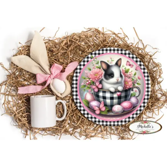 Black Check Easter Spring Bunny Teacup Sign {3}