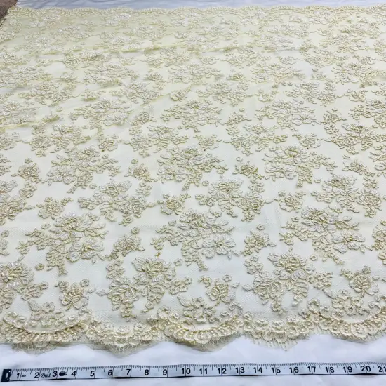 1 Yard Elegant Beaded Lace Fabric Embroidered on 100% Polyester Net Mesh Ivory with Gold 54" Width {3}