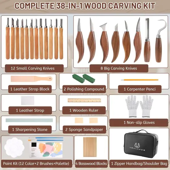 Wood Carving Tools Kit - 38Pcs Whittling Chisel Knife {2}