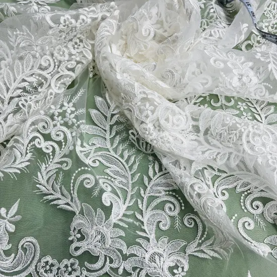 1 Yard Elegant Corded Bridal Lace Fabric Embroidered on 100% Polyester Net Mesh 52" Width Gold {3}
