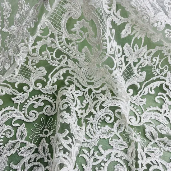 1 Yard White Corded Bridal Lace Fabric, Embroidered Polyester Mesh, 53" Wide, Elegant Wedding Fabrication {5}