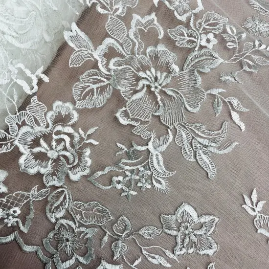1 Yard Premium Corded Bridal Lace Fabric Embroidered on Polyester Net Mesh 53" Width Ivory with Silver {6}