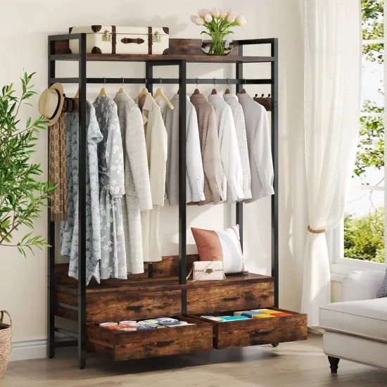 Free Standing Metal Garment Rack with Drawers and Hooks Brown Black {3}